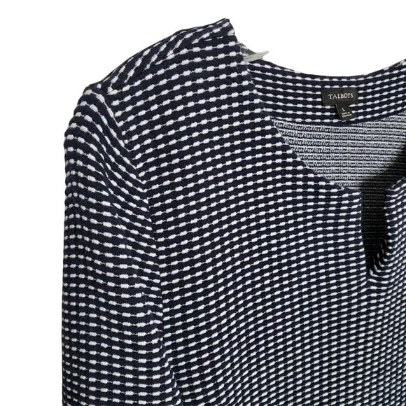 Talbots Size L Sweater Notched Neckline Basketweave Knit Cotton Blend Blue White - Picture 4 of 6